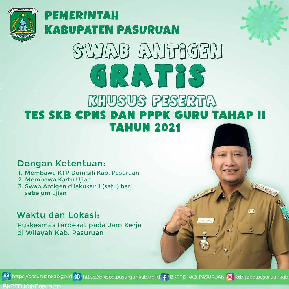 Pemerintah Kabupaten Pasuruan Gratiskan biaya Tes Swab Antigen Bagi Peserta Tes SKB CPNS dan PPPK Guru Tahap II 2021